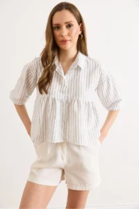 Olalook Women's White Striped Balloon Sleeve Ayrobin Shirt - Image 3