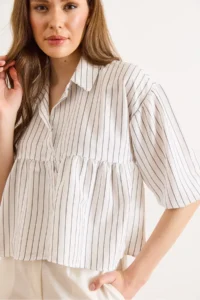 Olalook Women's White Striped Balloon Sleeve Ayrobin Shirt - Image 4