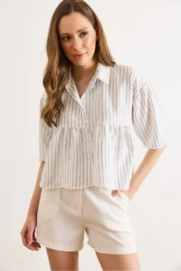 Olalook Women's White Striped Balloon Sleeve Ayrobin Shirt - Image 5