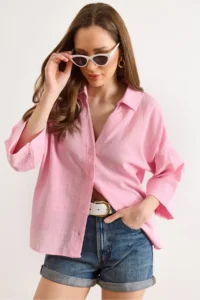Olalook Women's Pink Sleeve Collar Detailed Loose Fit Flam Cotton Shirt