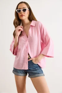 Olalook Women's Pink Sleeve Collar Detailed Loose Fit Flam Cotton Shirt - Image 2