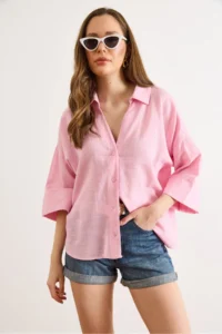 Olalook Women's Pink Sleeve Collar Detailed Loose Fit Flam Cotton Shirt - Image 3