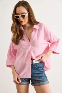 Olalook Women's Pink Sleeve Collar Detailed Loose Fit Flam Cotton Shirt - Image 4