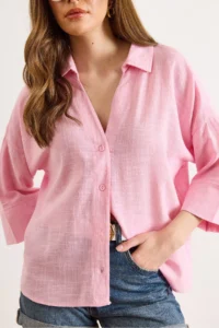 Olalook Women's Pink Sleeve Collar Detailed Loose Fit Flam Cotton Shirt - Image 5