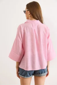 Olalook Women's Pink Sleeve Collar Detailed Loose Fit Flam Cotton Shirt - Image 6