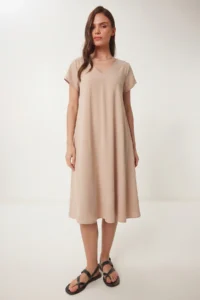 Lovelyİstanbul V-neck Summer Flowy Viscose Dress  Beige