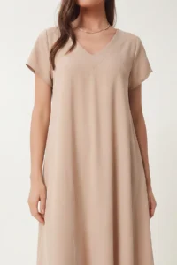 Lovelyİstanbul V-neck Summer Flowy Viscose Dress  Beige - Image 4