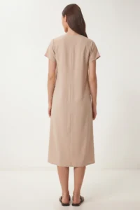 Lovelyİstanbul V-neck Summer Flowy Viscose Dress  Beige - Image 5