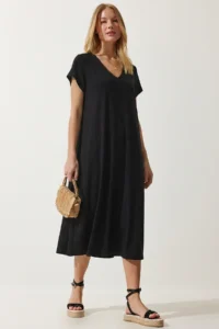 Lovelyİstanbul V-neck Summer Flowy Viscose Dress  Black