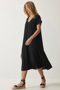 Lovelyİstanbul V-neck Summer Flowy Viscose Dress  Black - Image 2