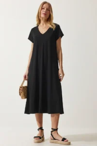Lovelyİstanbul V-neck Summer Flowy Viscose Dress  Black - Image 3