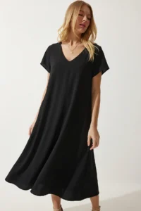 Lovelyİstanbul V-neck Summer Flowy Viscose Dress  Black - Image 4