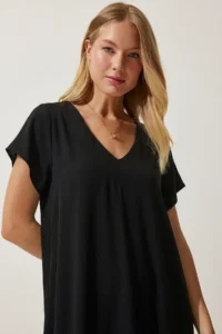 Lovelyİstanbul V-neck Summer Flowy Viscose Dress  Black - Image 5