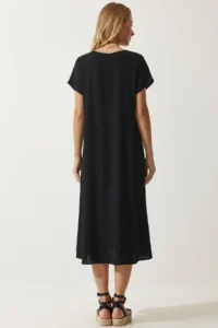 Lovelyİstanbul V-neck Summer Flowy Viscose Dress  Black - Image 6