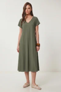 Lovelyİstanbul V-neck Summer Flowy Viscose Dress  Khaki - Image 2