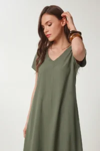 Lovelyİstanbul V-neck Summer Flowy Viscose Dress  Khaki - Image 3