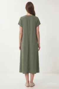 Lovelyİstanbul V-neck Summer Flowy Viscose Dress  Khaki - Image 4