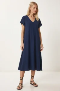 Lovelyİstanbul V-Neck Summer Flowy Viscose Dress  NAVY BLUE
