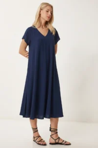 Lovelyİstanbul V-Neck Summer Flowy Viscose Dress  NAVY BLUE - Image 2
