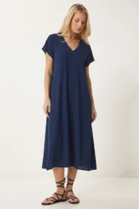 Lovelyİstanbul V-Neck Summer Flowy Viscose Dress  NAVY BLUE - Image 3