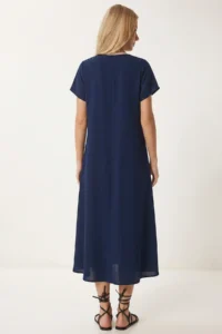 Lovelyİstanbul V-Neck Summer Flowy Viscose Dress  NAVY BLUE - Image 5