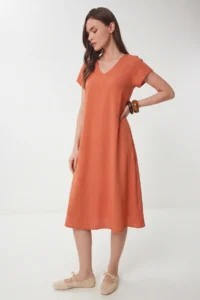 Lovelyİstanbul V-Neck Summer Flowy Viscose Dress  TILE