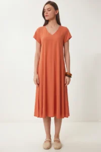 Lovelyİstanbul V-Neck Summer Flowy Viscose Dress  TILE - Image 2