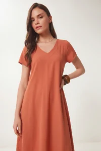Lovelyİstanbul V-Neck Summer Flowy Viscose Dress  TILE - Image 4