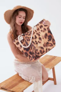 MENUSE ÇANTA Women Beach Bag Leopard Patterned - Image 5
