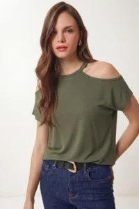 Lovelyİstanbul Cut Out Detailed Viscose Blouse 1804  Khaki