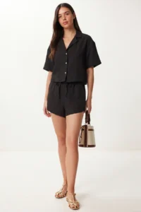 Lovelyİstanbul Linen Shirt Shorts Set  Black