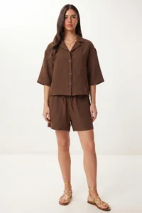 Lovelyİstanbul Linen Shirt Shorts Set  Brown