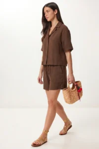 Lovelyİstanbul Linen Shirt Shorts Set  Brown - Image 3