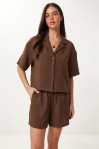 Lovelyİstanbul Linen Shirt Shorts Set  Brown - Image 4