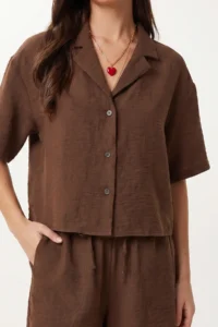Lovelyİstanbul Linen Shirt Shorts Set  Brown - Image 5