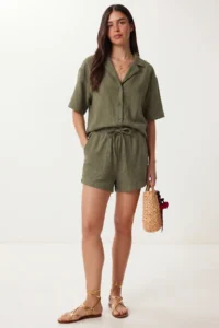 Lovelyİstanbul Linen Shirt Shorts Set  Khaki - Image 2