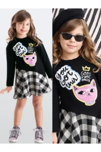 MSHB&G Black Cool Cat Plaid Girl's Asymmetrical Cut Winter Dress