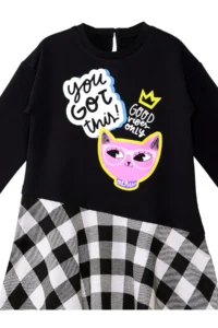 MSHB&G Black Cool Cat Plaid Girl's Asymmetrical Cut Winter Dress - Image 3