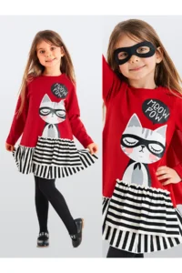 MSHB&G Red Meow Pow Striped Girl's Long Sleeve Ruffle Dress