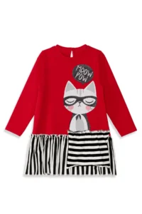MSHB&G Red Meow Pow Striped Girl's Long Sleeve Ruffle Dress - Image 4