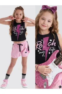 MSHB&G Rock Life Girl's Black Pink Summer Crop T-shirt Shorts Set