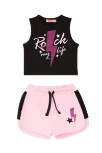 MSHB&G Rock Life Girl's Black Pink Summer Crop T-shirt Shorts Set - Image 3