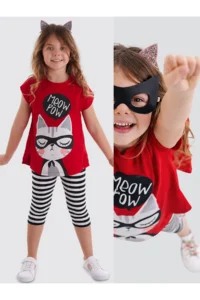 MSHB&G Red Meow Pow Striped Girl's Summer T-shirt Tights Set
