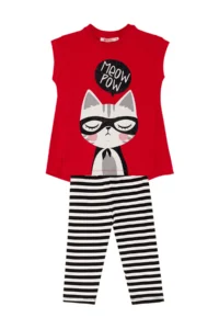 MSHB&G Red Meow Pow Striped Girl's Summer T-shirt Tights Set - Image 3