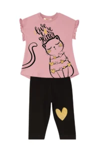 MSHB&G Frilly Love Cat Pink Black Girls' Summer T-shirt Tights Set - Image 3