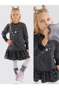MSHB&G Starry Unicorn Anthracite Girl's Winter Long Sleeve Ruffle Dress