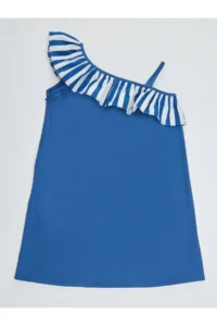 MSHB&G Strawberry Woven Girl's Ruffled Navy Blue Summer Dress - Image 4