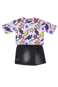 MSHB&G Star and Lightning Girl's Summer T-shirt Denim Shorts Set - Image 3