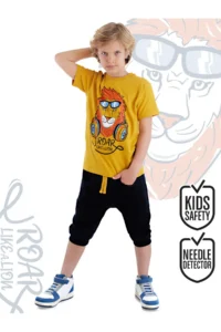 MSHB&G Lion Yellow Boy's Pocket Detailed Summer T-shirt Capri Shorts Set