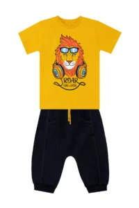MSHB&G Lion Yellow Boy's Pocket Detailed Summer T-shirt Capri Shorts Set - Image 3